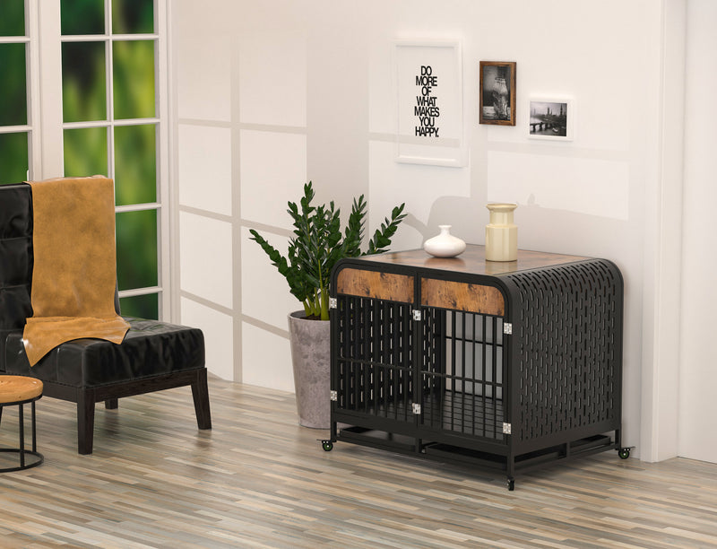 Heavy Duty Dog Crate Furniture Wooden Table Pet Dog Cage Kennel House Indoor Side End Table Decor with Removable Trays and Lockable Wheels for Medium and Large Dogs