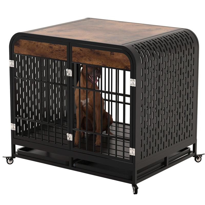 Heavy Duty Dog Crate Furniture Wooden Table Pet Dog Cage Kennel House Indoor Side End Table Decor with Removable Trays and Lockable Wheels for Medium and Large Dogs