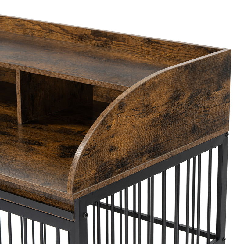 Heavy Duty Dog Crate Furniture for Medium Dog with Lockable Wheels, Wooden Dog Crate Dog Kennel, End Table Crate with Double layer storage, Grey, Brown