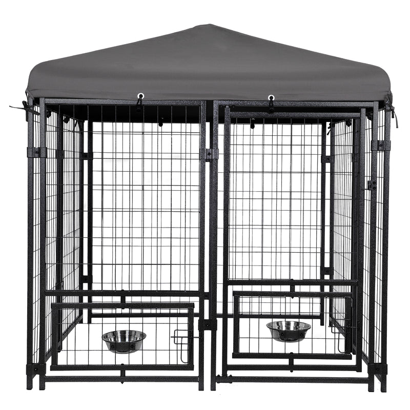 Outdoor Dog Kennel 4.5' x 4.5' x 4.8' with Waterproof Heavy Duty Metal Dog Cage,Outside Dog Enclosure with Lockable Door with Roof & Rotating Feeding Door,2 Bowl Holders and Bowls for Small/Medium Dog