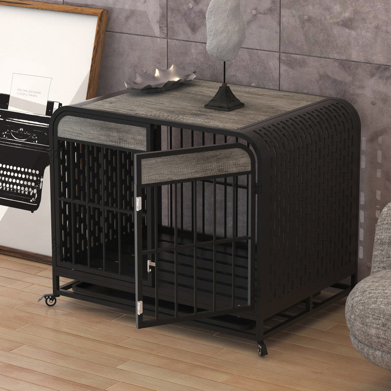 Heavy Duty Dog Crate Furniture Wooden Table Pet Dog Cage Kennel House Indoor Side End Table Decor with Removable Trays and Lockable Wheels for Medium and Large Dogs