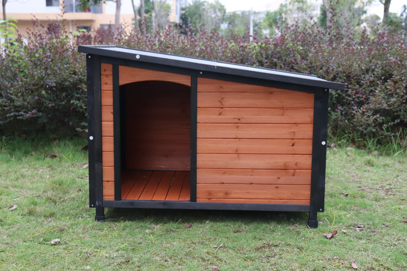 46"Dog House Outdoor & Indoor  Wooden Dog Kennel for Winter with Raised Feet Weatherproof for Large Dogs(Gold red and black)PVC waterproof roof(L)