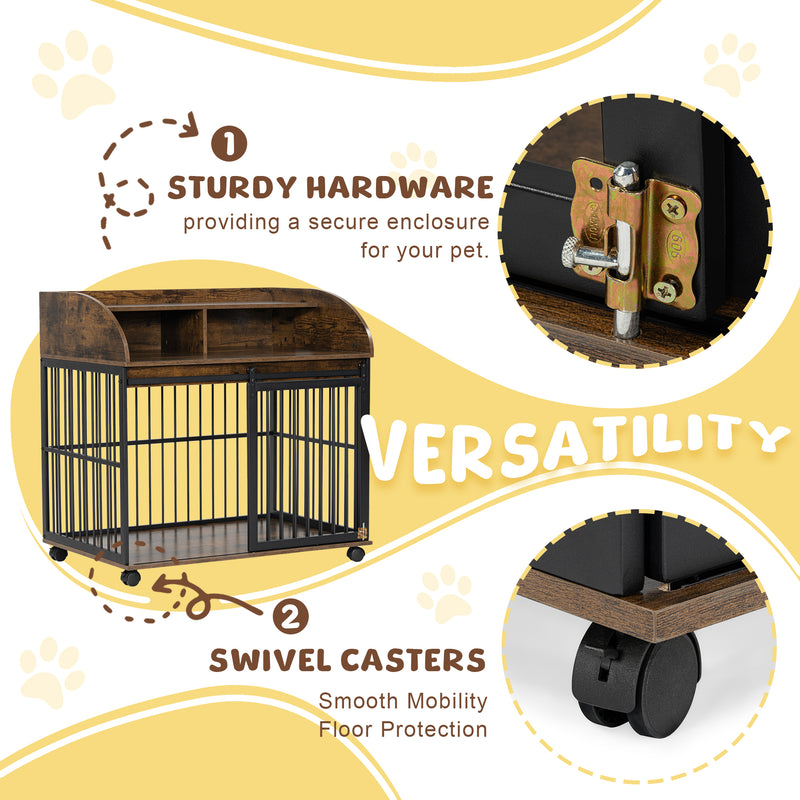 Heavy Duty Dog Crate Furniture for Medium Dog with Lockable Wheels, Wooden Dog Crate Dog Kennel, End Table Crate with Double layer storage, Grey, Brown