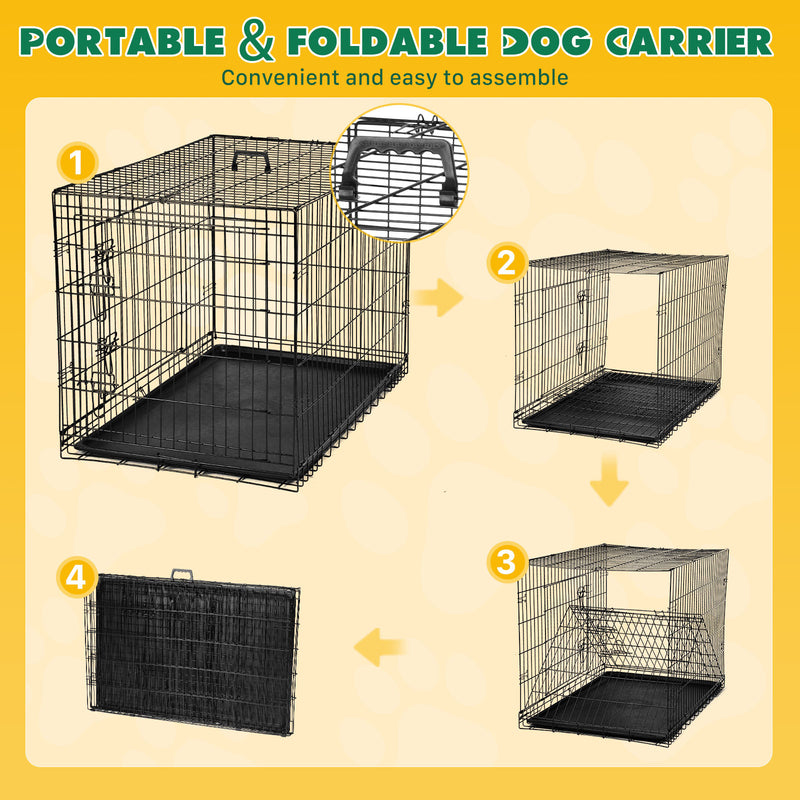 Dog Crate with Divider Panel,Double Door Folding Metal Wire Dog Cage with Plastic Leak-Proof Pan Tray, Pet Kennel for Indoor