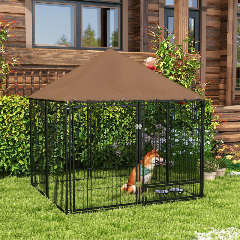 Outside Dog Kennel, 4.6' x 4.6' x 5' Puppy Play Pen with Canopy, Garden Playpen Fence Crate Enclosure Cage Rotating Bowl, Black