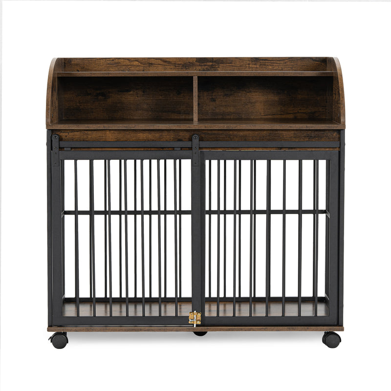 Heavy Duty Dog Crate Furniture for Medium Dog with Lockable Wheels, Wooden Dog Crate Dog Kennel, End Table Crate with Double layer storage, Grey, Brown