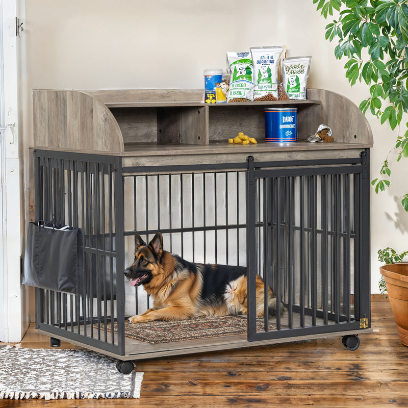 Heavy Duty Dog Crate Furniture for Medium Dog with Lockable Wheels, Wooden Dog Crate Dog Kennel, End Table Crate with Double layer storage, Grey, Brown