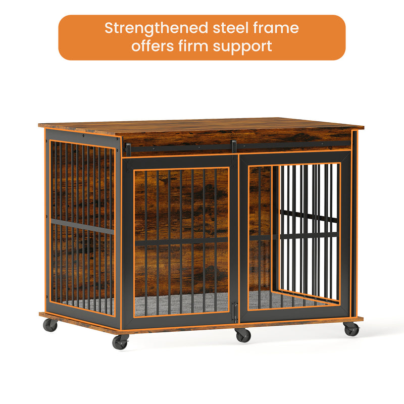 Furniture dog crate sliding iron door dog crate with mat. (Rustic Brown, Grey, 43.7''W x 30''D x 33.7''H)