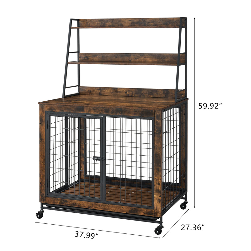 Furniture type dog cage iron frame door with cabinet, two door design, Rustic Brown, 37.99"WX27.36"DX59.92"H