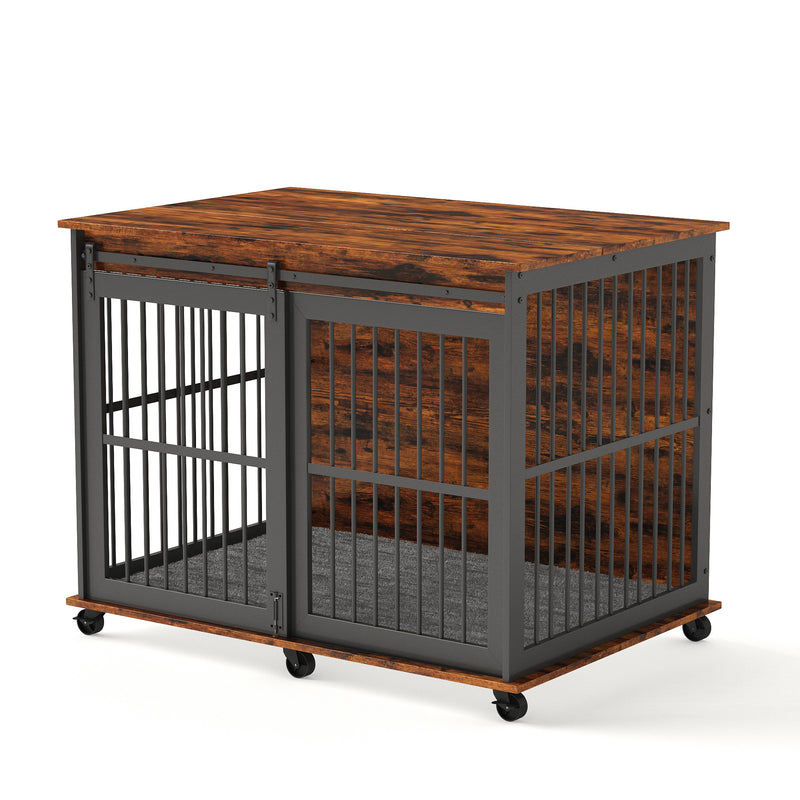 Furniture dog crate sliding iron door dog crate with mat. (Rustic Brown, Grey, 43.7''W x 30''D x 33.7''H)