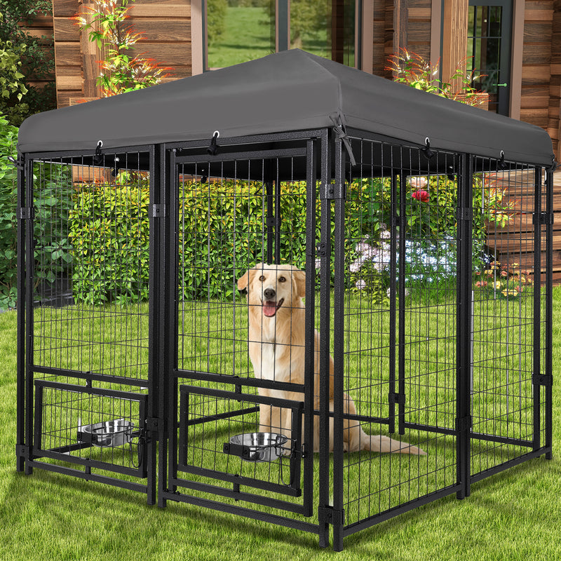 Outdoor Dog Kennel 4.5' x 4.5' x 4.8' with Waterproof Heavy Duty Metal Dog Cage,Outside Dog Enclosure with Lockable Door with Roof & Rotating Feeding Door,2 Bowl Holders and Bowls for Small/Medium Dog