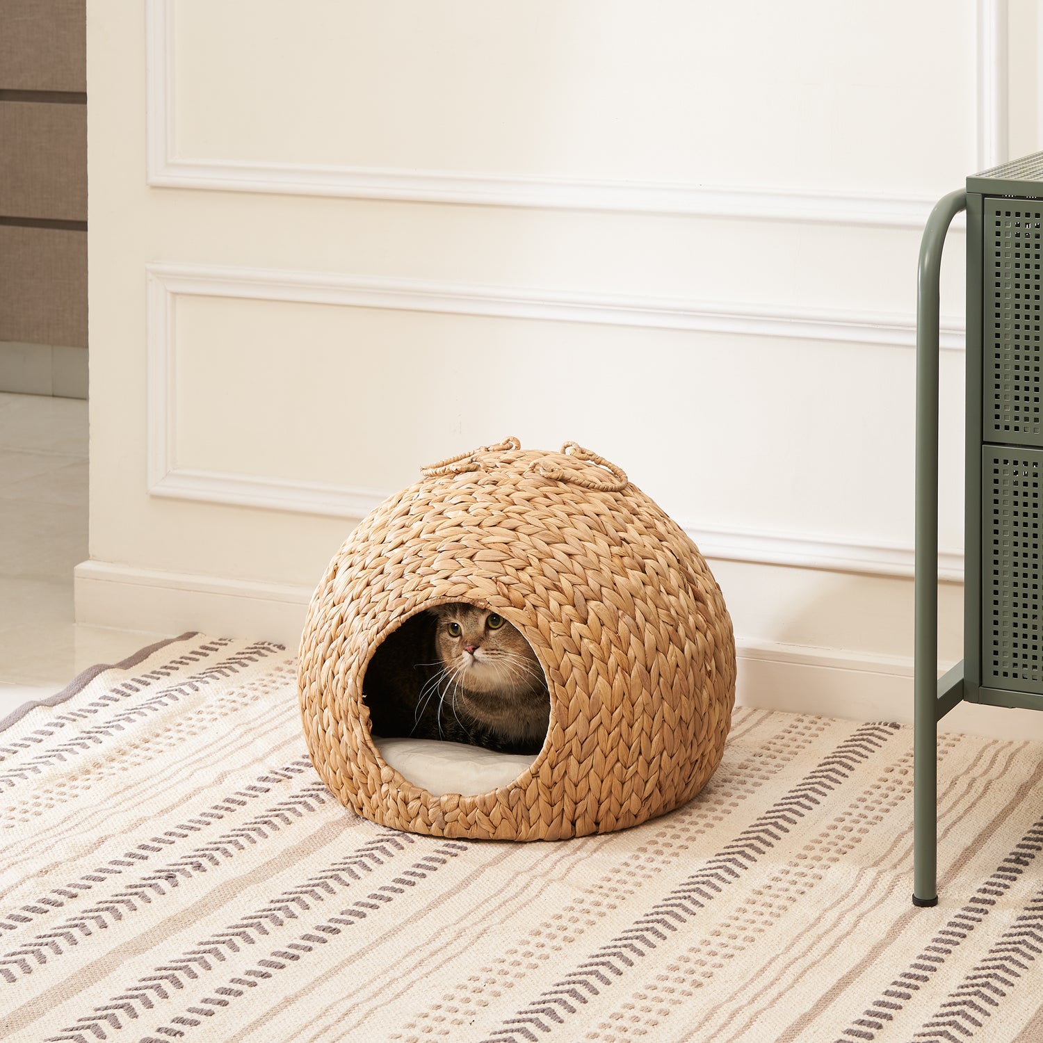 Water Hyacinth Woven Wicker Round Cat Bed Cave with Handles - 18" x 18" x 18" - For Any Size Cat Breeds, Chihuahua and Use with Cat Tower