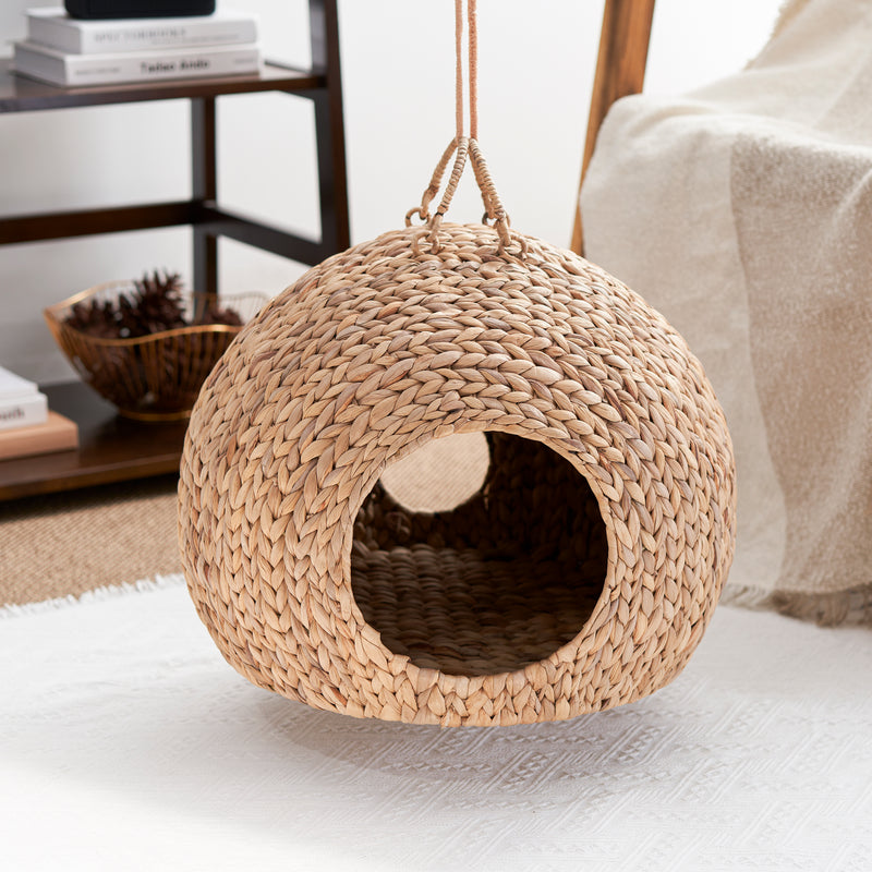 Water Hyacinth Woven Wicker Round Cat Bed Cave with Handles - 18" x 18" x 18" - For Any Size Cat Breeds, Chihuahua and Use with Cat Tower