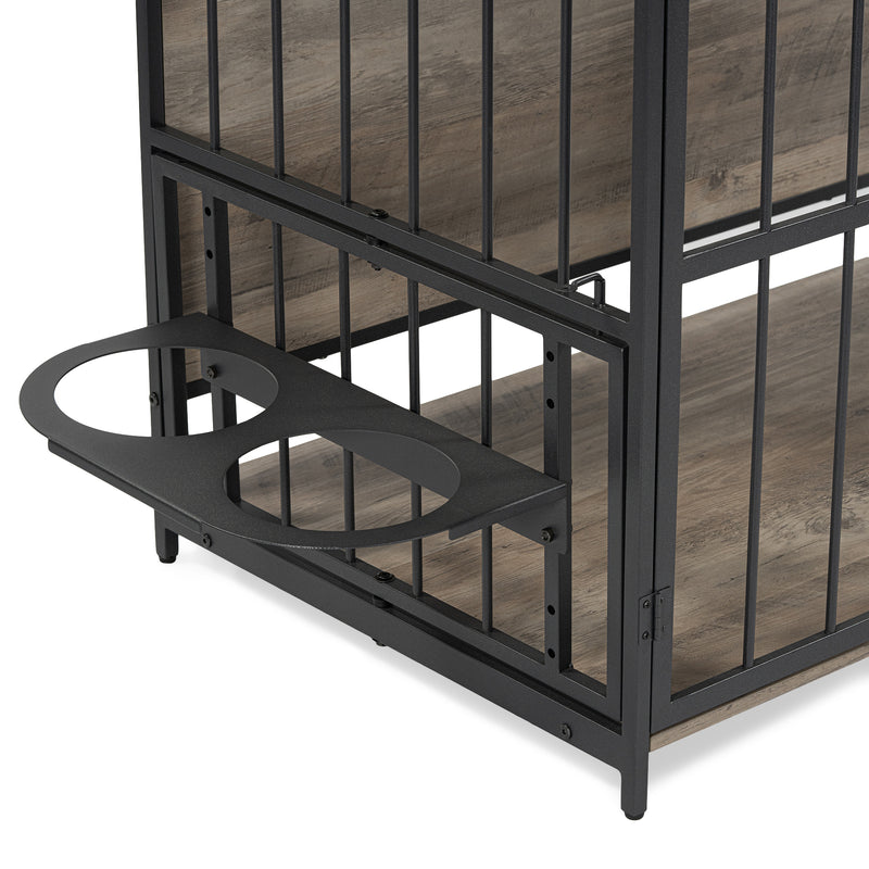 Heavy Duty Dog Crate Furniture for Medium Dog with Lockable Wheels, Wooden Dog Crate Dog Kennel, End Table Crate with Double layer storage, Grey, Brown