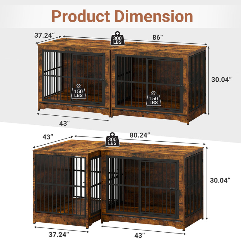 86 Inch Double Dog Crate Furniture with Divider, Large Dog Kennel Furniture for 2 Dogs, Corner Dog Kennel for Small Medium Large Dogs