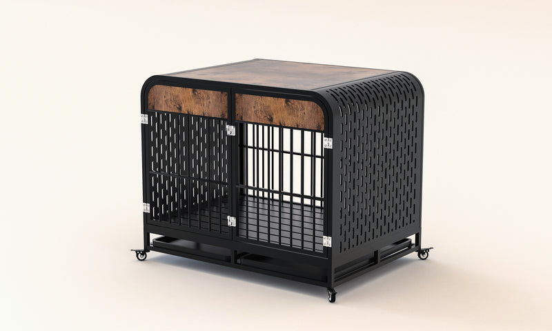 Heavy Duty Dog Crate Furniture Wooden Table Pet Dog Cage Kennel House Indoor Side End Table Decor with Removable Trays and Lockable Wheels for Medium and Large Dogs