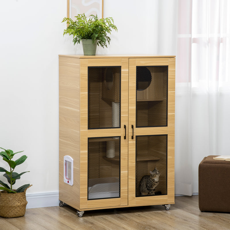 Luxury Cat House with Wheels,  Kitty Cage Catio Villa for Indoor Cats with Scratching Posts, Condo, Flap Door, Cushion, Oak, 31.5" x 20" x 48.5"