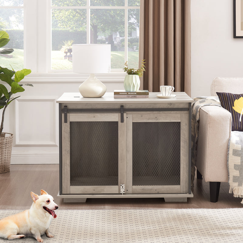 Dog Cage Crate Furniture with Sliding Barn Door,  Farmhouse Wooden Dog Kennel End Table with Flip-top Plate Dog House with Detachable Divider for Small/Medium/Large Dog