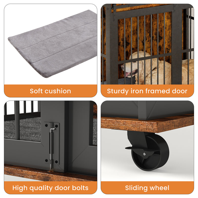 Furniture dog crate sliding iron door dog crate with mat. (Rustic Brown, Grey, 43.7''W x 30''D x 33.7''H)
