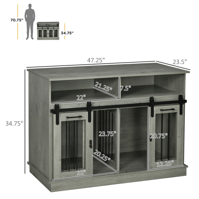 Dog Crate Furniture for Large Dogs or Double Dog Kennel for Small Dogs with Shelves, Sliding Doors, 47" x 23.5" x 35", Gray