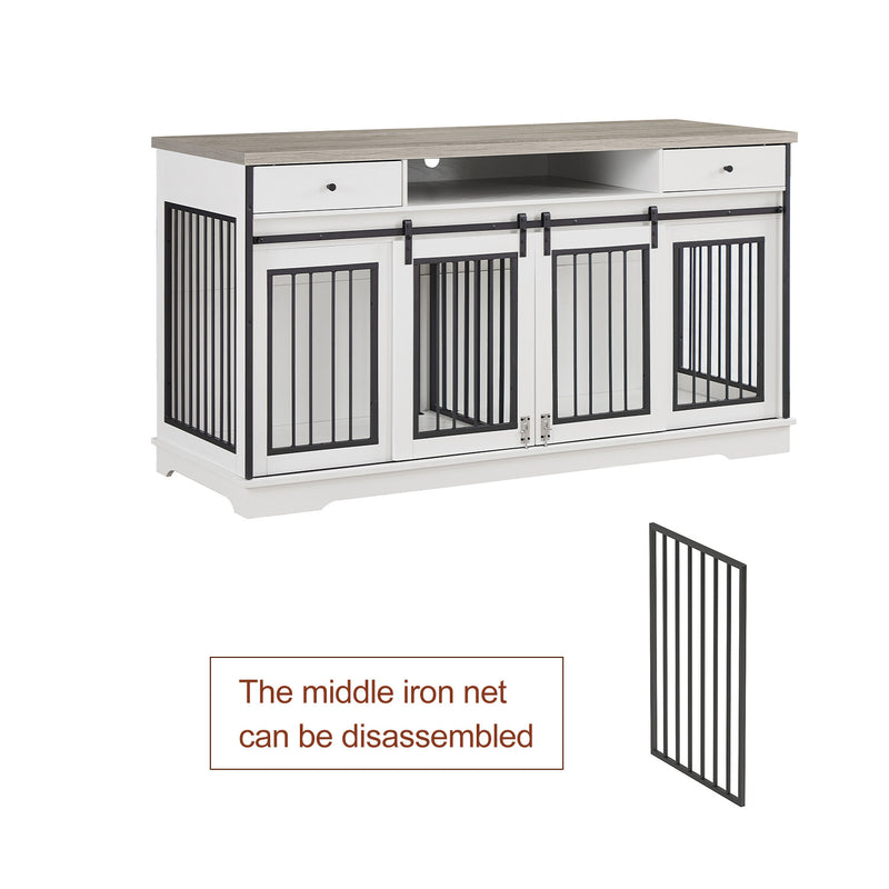 Super large TV cabinet dog crate dog cage with 2 drawers End table, dog cage can keep two dogs. White & Grey, 66.1'' W x 23.6'' D x 36'' H.