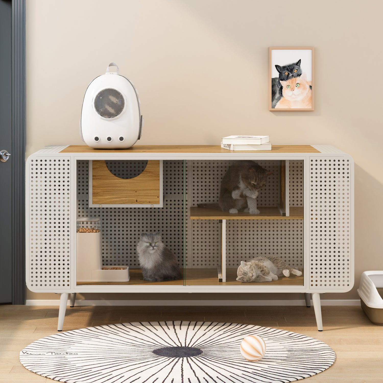 55.12 "Spacious Cat House with Tempered Glass, for Living Room, Hallway, Study and Other Spaces (White，Black)