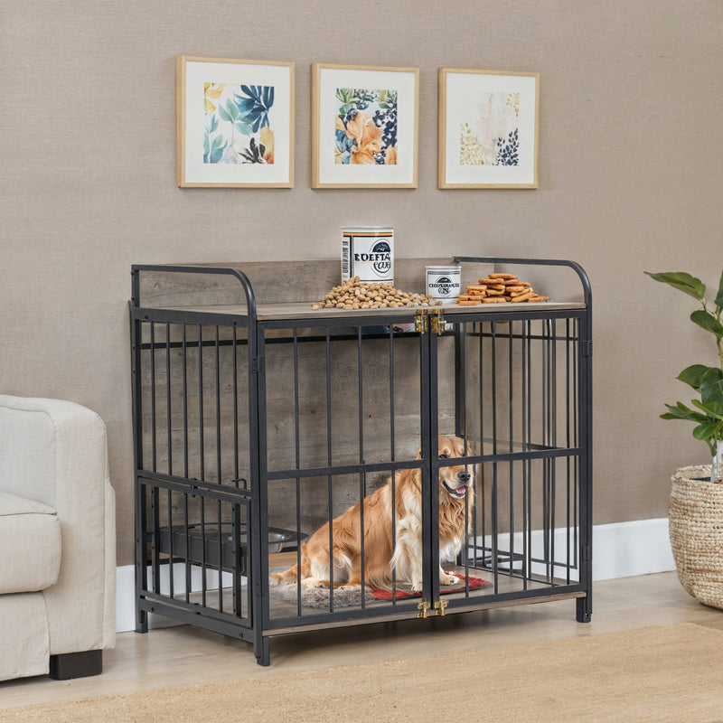 Heavy Duty Dog Crate Furniture for Medium Dog with Lockable Wheels, Wooden Dog Crate Dog Kennel, End Table Crate with Double layer storage, Grey, Brown