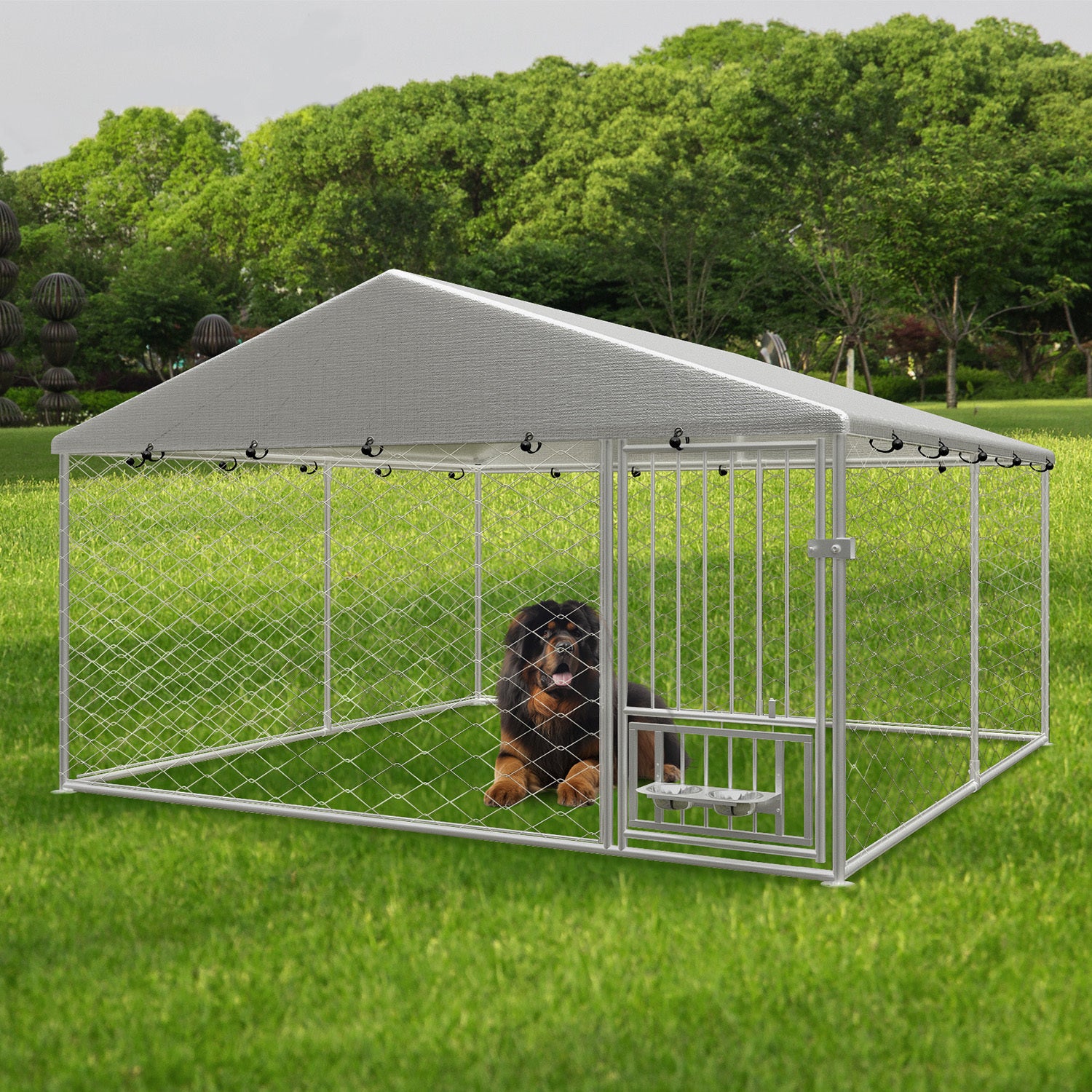 Large outdoor kennel, heavy duty outdoor fenced dog cage with swivel feeder, outdoor dog playpen with waterproof UV protection cover and safety lock,10' W x 10' D x 5' H.