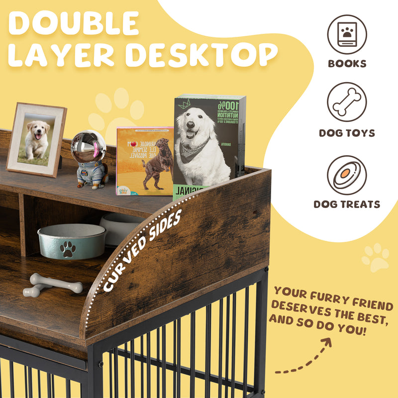 Heavy Duty Dog Crate Furniture for Medium Dog with Lockable Wheels, Wooden Dog Crate Dog Kennel, End Table Crate with Double layer storage, Grey, Brown