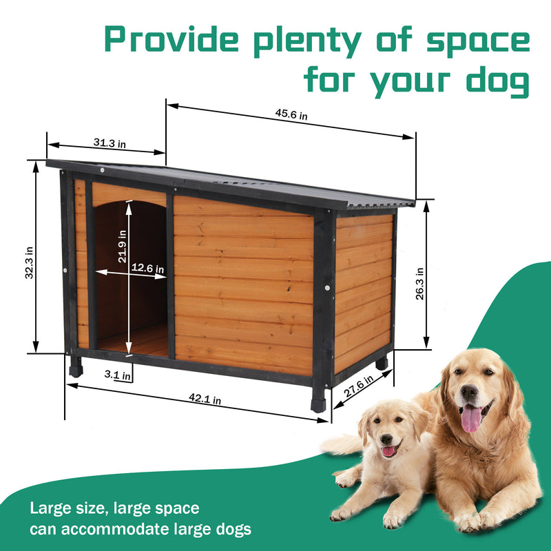 46"Dog House Outdoor & Indoor  Wooden Dog Kennel for Winter with Raised Feet Weatherproof for Large Dogs(Gold red and black)PVC waterproof roof(L)