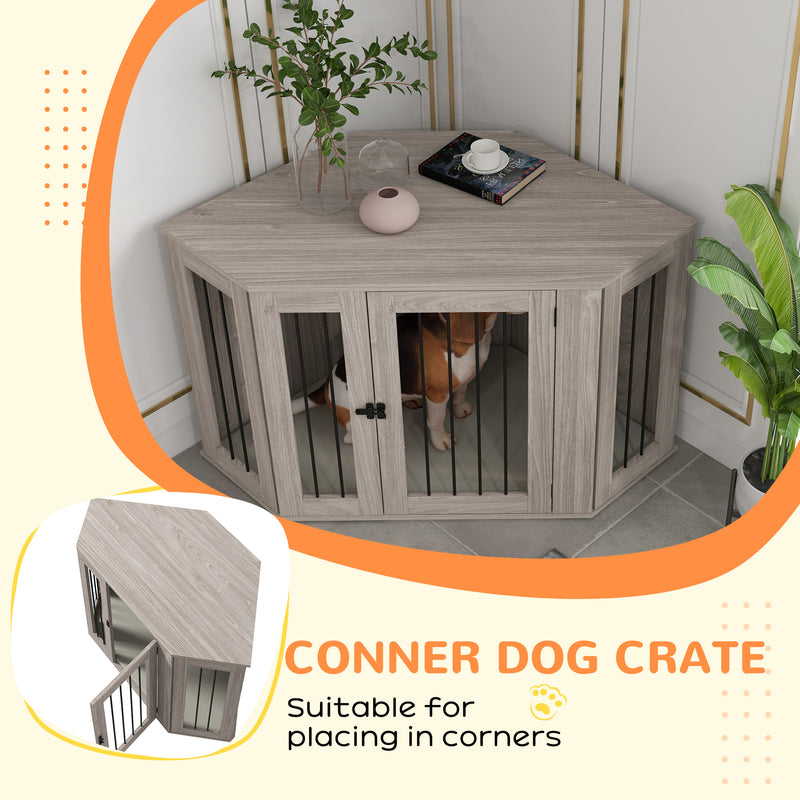 Corner Dog Crate Furniture, End Table Dog Kennel Furniture with Cushion, Pet Crate for Large-Sized Dog Indoor Use, Walnut Brown