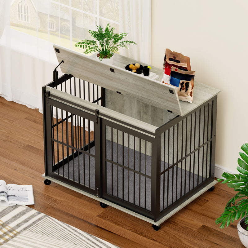 Furniture dog crate sliding iron door dog crate with mat. (Rustic Brown, Grey, 43.7''W x 30''D x 33.7''H)