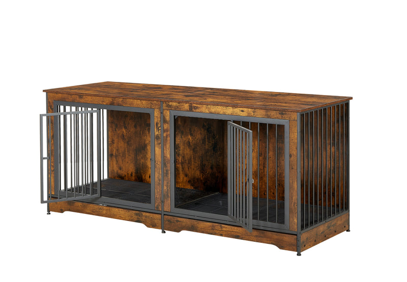 75'' Double Dog Crate Furniture for 2 Large Dogs, Heavy Duty Dog Crate, Furniture Style Dog Crate End Table, Wood Crates for Dogs Kennel Indoor, Decorative Dog Crate with Double Door, Brown