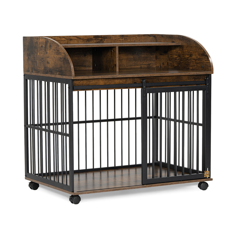 Heavy Duty Dog Crate Furniture for Medium Dog with Lockable Wheels, Wooden Dog Crate Dog Kennel, End Table Crate with Double layer storage, Grey, Brown