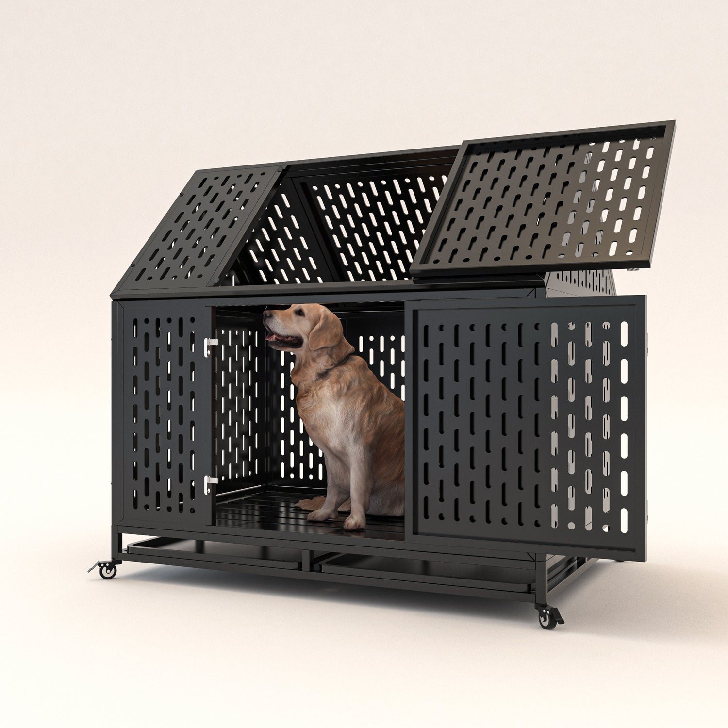 45" Heavy Duty Dog Crate 45 inch Indestructible Pet Dog Cage Crate Kennel with Roof Top 2 Doors Removable Trays, Lockable Wheels, Escape-Proof for High Anxiety Large/Extra Dogs