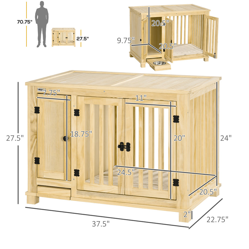 Wood Dog Crate Furniture with Hidden Food Bowl in Drawer, Dog Crate End Table with Cushion, Double Doors, for Small Dogs Indoor Use, Natural