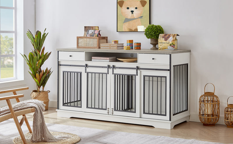 Super large TV cabinet dog crate dog cage with 2 drawers End table, dog cage can keep two dogs. White & Grey, 66.1'' W x 23.6'' D x 36'' H.