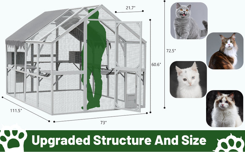 Outdoor Cat House Cat Enclosures 110" Large Kitten Playpen with Platforms,Upgrade Waterproof Cover & White