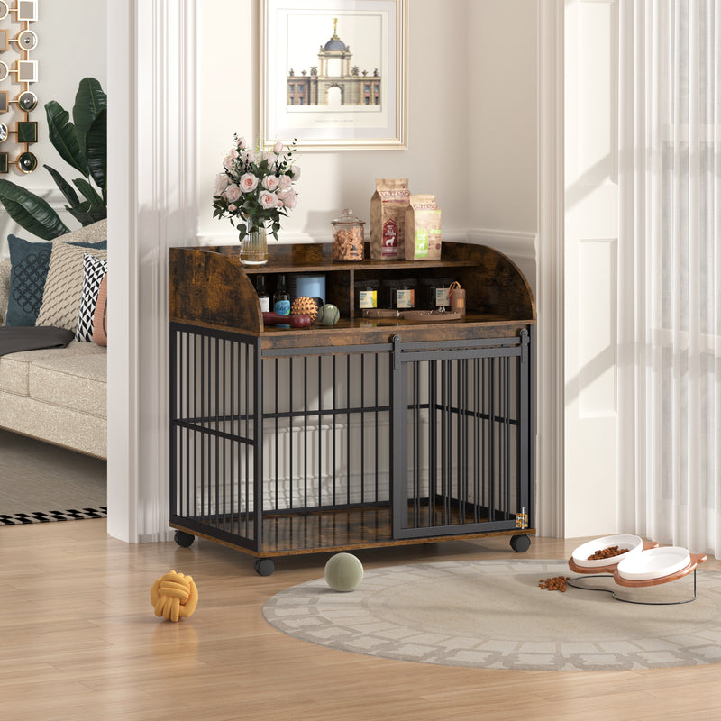 Heavy Duty Dog Crate Furniture for Medium Dog with Lockable Wheels, Wooden Dog Crate Dog Kennel, End Table Crate with Double layer storage, Grey, Brown