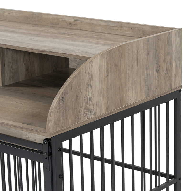 Heavy Duty Dog Crate Furniture for Medium Dog with Lockable Wheels, Wooden Dog Crate Dog Kennel, End Table Crate with Double layer storage, Grey, Brown