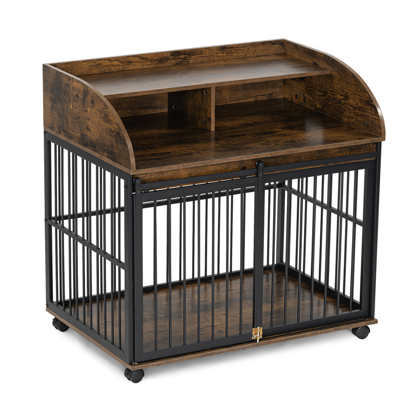 Heavy Duty Dog Crate Furniture for Medium Dog with Lockable Wheels, Wooden Dog Crate Dog Kennel, End Table Crate with Double layer storage, Grey, Brown