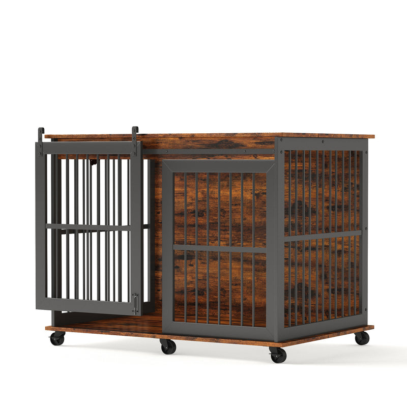 Furniture dog crate sliding iron door dog crate with mat. (Rustic Brown, Grey, 43.7''W x 30''D x 33.7''H)