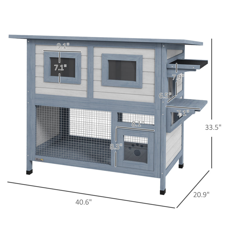 Outdoor Cat House, 2 Tier Weatherproof Feral Cat Shelter with Escape Door, Asphalt Roof, Jump Platform, Large Wooden Cat House for Outside, Backyard, Light Gray