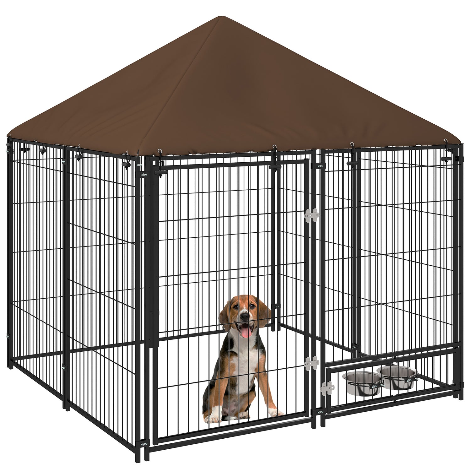 Outside Dog Kennel, 4.6' x 4.6' x 5' Puppy Play Pen with Canopy, Garden Playpen Fence Crate Enclosure Cage Rotating Bowl, Black