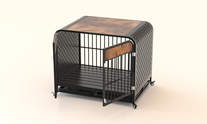 Heavy Duty Dog Crate Furniture Wooden Table Pet Dog Cage Kennel House Indoor Side End Table Decor with Removable Trays and Lockable Wheels for Medium and Large Dogs