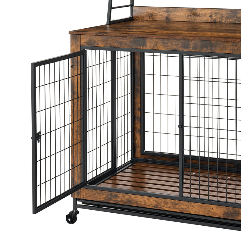 Furniture type dog cage iron frame door with cabinet, two door design, Rustic Brown, 37.99"WX27.36"DX59.92"H