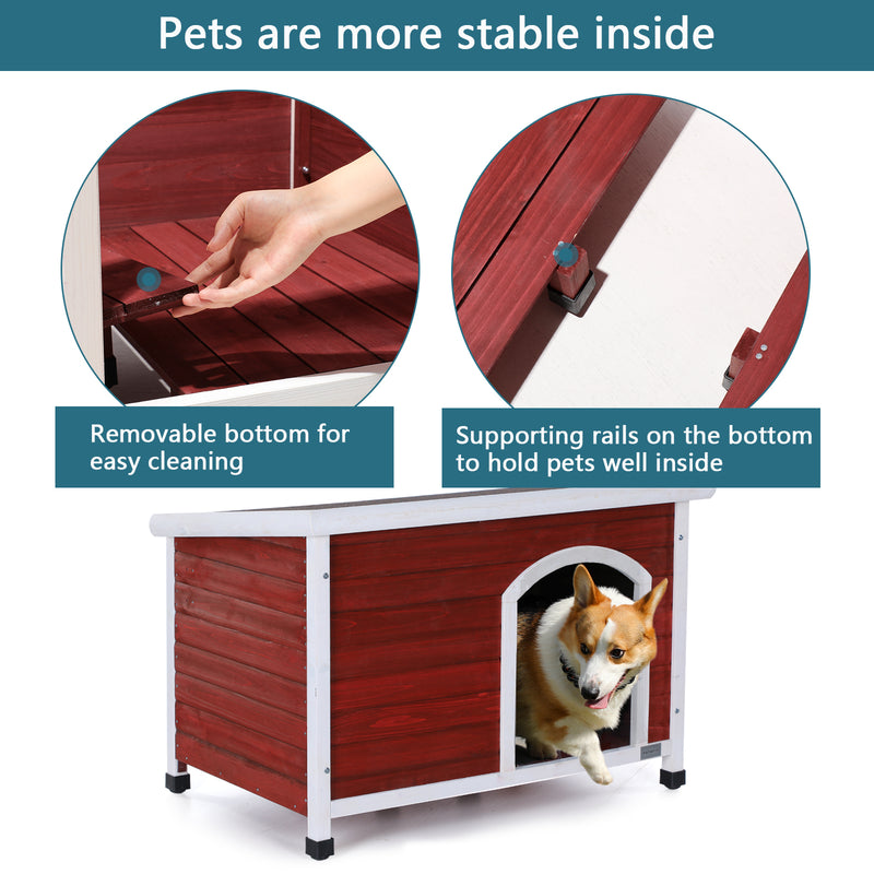 Medium Wooden Outdoor Dog House, Waterproof Roof, Elevated Floor, Adjustable Plastic Feet, Red, Grey, Yellow