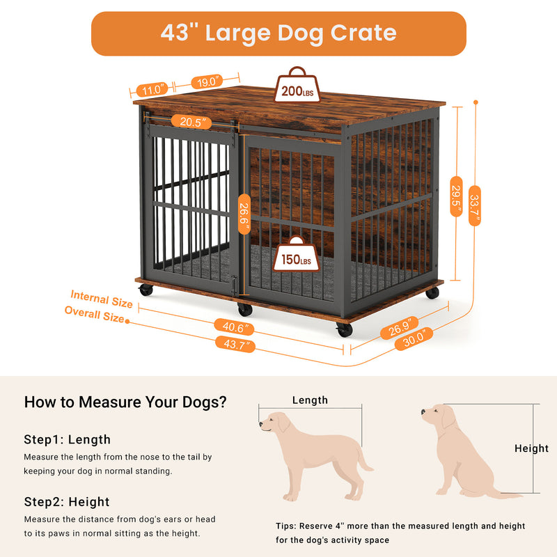 Furniture dog crate sliding iron door dog crate with mat. (Rustic Brown, Grey, 43.7''W x 30''D x 33.7''H)
