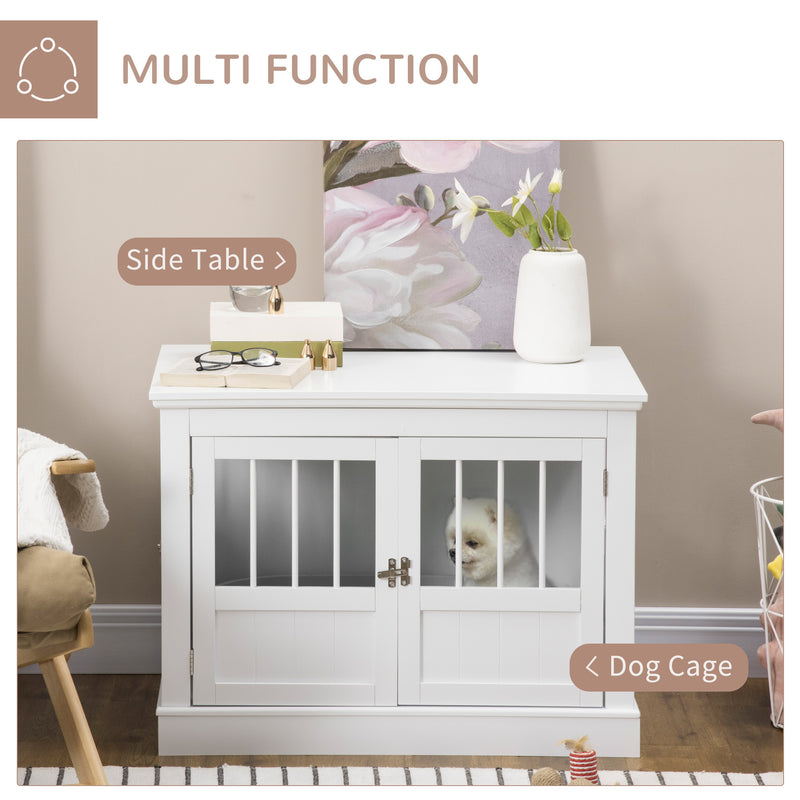 Dog Crate End Table with Triple Doors, Wooden Dog Crate Furniture Indoor Use, Puppy Crate with and Steel Tubes, for Small Dogs, White