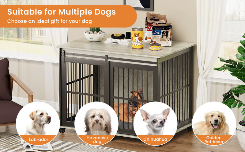 Furniture dog crate sliding iron door dog crate with mat. (Rustic Brown, Grey, 43.7''W x 30''D x 33.7''H)